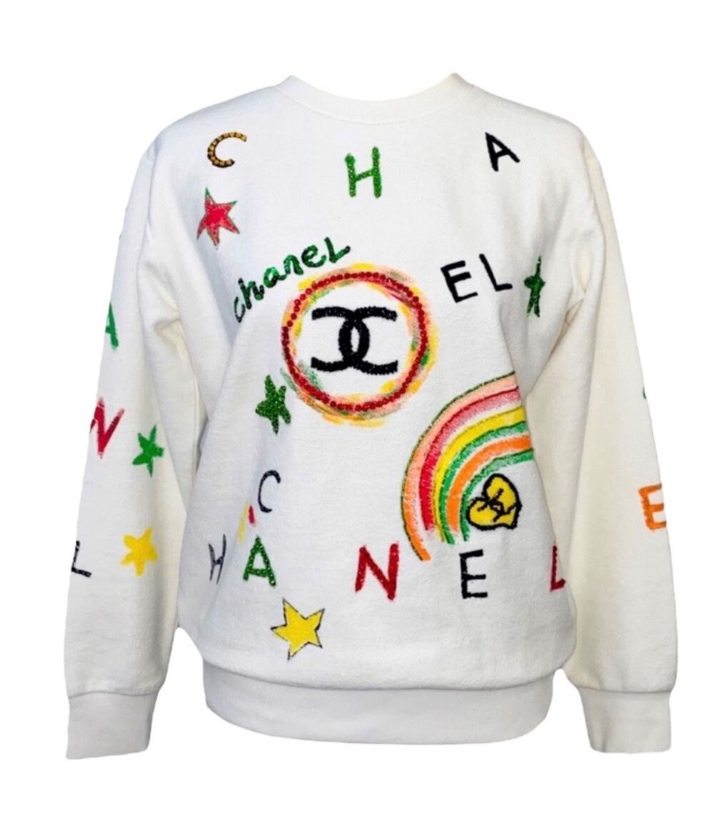 AUTH 36 Chanel White Rainbow Embellished CC Logo Terrycloth Sweatshirt Top